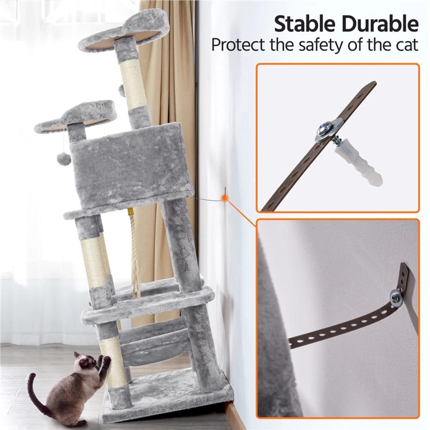 Yaheetech 58-in Plush Cat Tree & Condo, Light Gray 10 Yaheetech 58-in Plush Cat Tree & Condo, Light Gray - Image 8