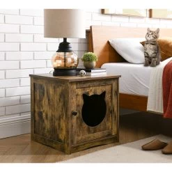 Sweet Barks Enclosed House Side Table Cat Litter Box, Rustic Brown -Pet Cat Supplies Store 354503 PT5. AC SS1800 V1640040755