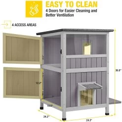 Aivituvin AIR14-1 Two Tier Wooden Cat House With Waterproof Roof & Door Flaps, Grey, Small -Pet Cat Supplies Store 812750 PT5. AC SS1800 V1679591965