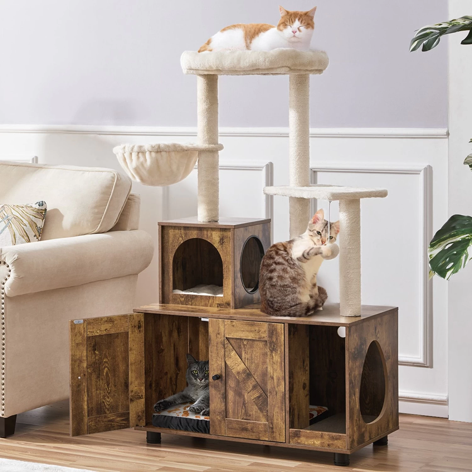 Yaheetech Cat Litter Box Enclosure Cat Tree & Condo, Rustic Brown & Beige 3 Yaheetech Cat Litter Box Enclosure Cat Tree & Condo, Rustic Brown & Beige