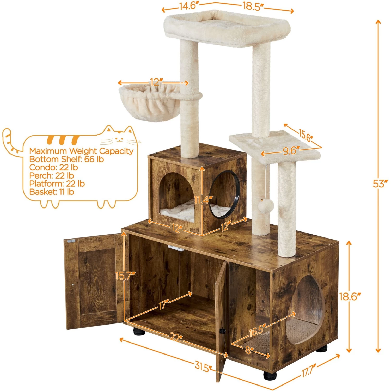 Yaheetech Cat Litter Box Enclosure Cat Tree & Condo, Rustic Brown & Beige 5 Yaheetech Cat Litter Box Enclosure Cat Tree & Condo, Rustic Brown & Beige - Image 3