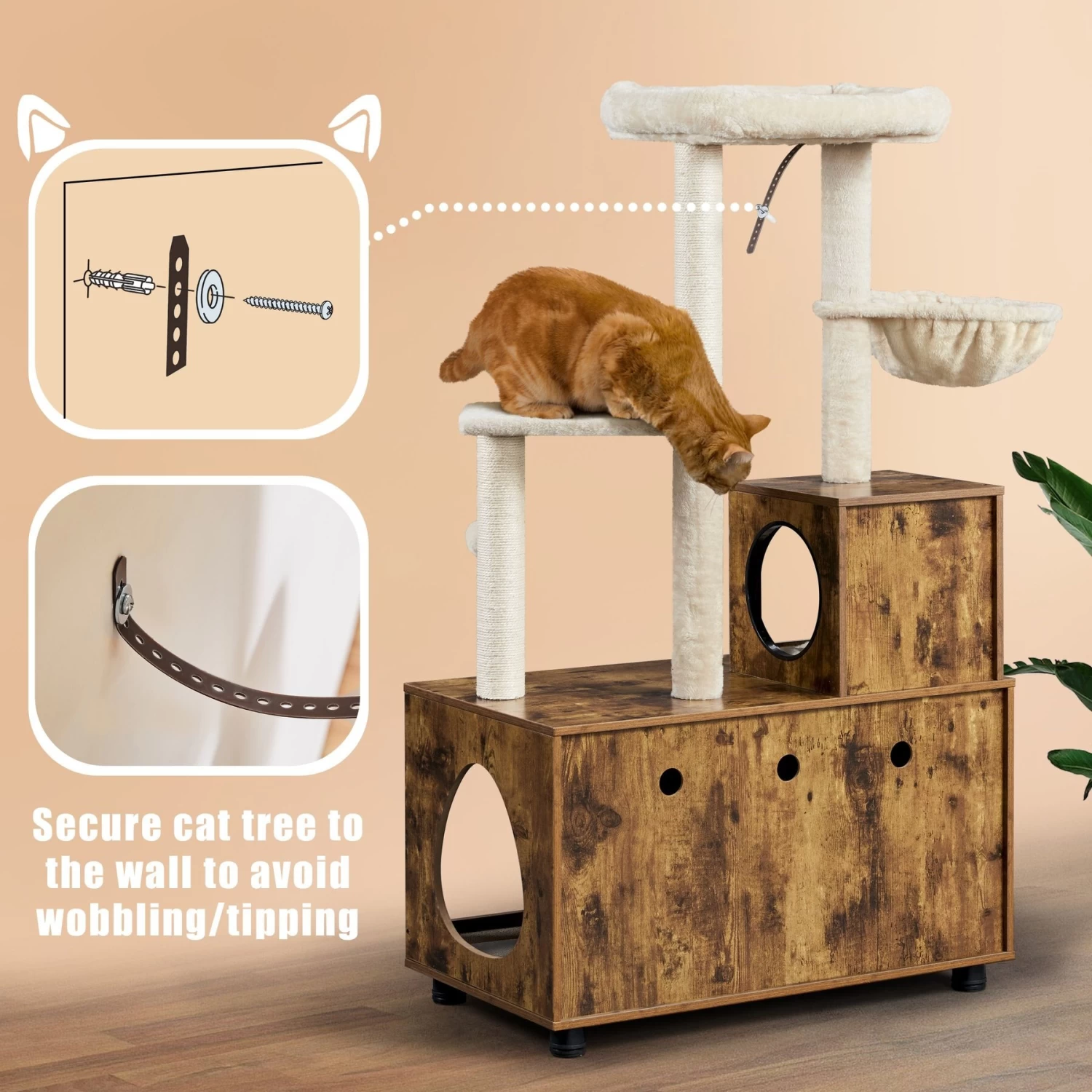 Yaheetech Cat Litter Box Enclosure Cat Tree & Condo, Rustic Brown & Beige 8 Yaheetech Cat Litter Box Enclosure Cat Tree & Condo, Rustic Brown & Beige - Image 6